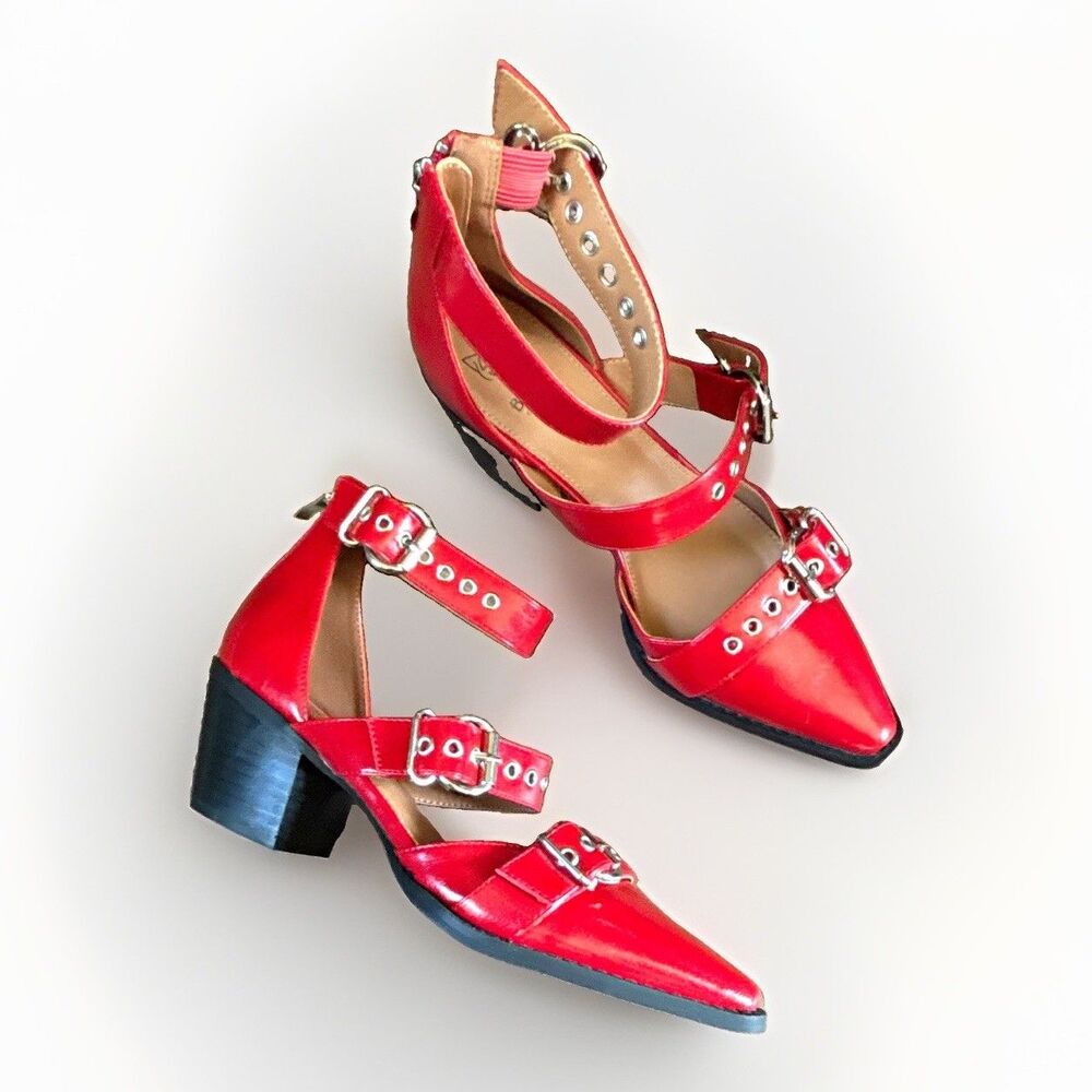 BEAST Fashion Red Strappy Pointed Toe Block Heel Buckle Ankle Strap Size 9